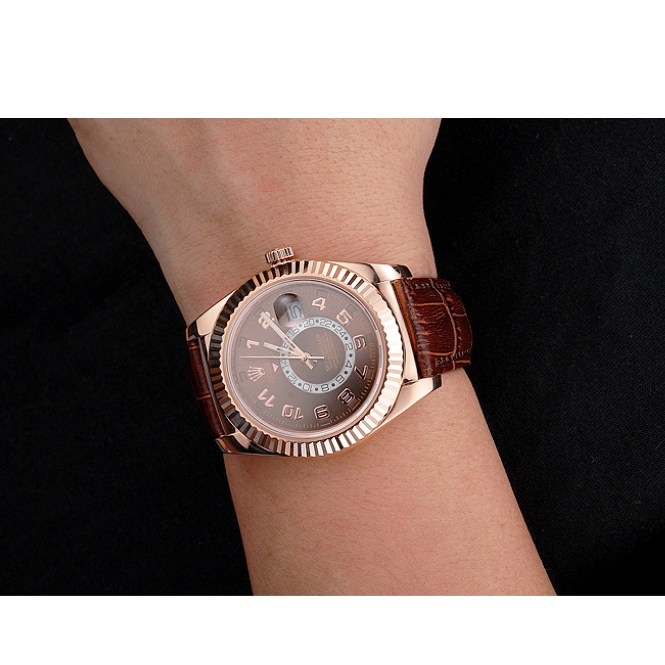AAA Replica Watches Case Dweller Rolex Sky Brown Rose Dial Leather Brown Gold Strap 0527